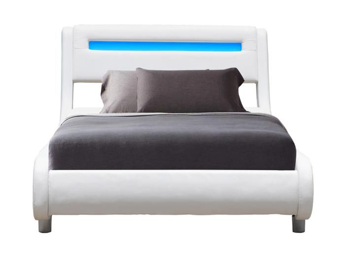 Lit adule BLANC 90x190 - Sommier + Tête de Lit Incurvée + 6 Pieds en 5 cm - Revêtement PVC Simili
