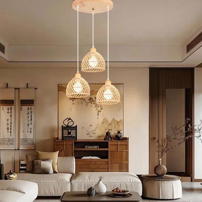 IDEGU 3 Lustres Suspension Industriel Vintage Cage Lampe Plafonnier en Bois et Bambou Abat-Jour Design Spirale pour Salon