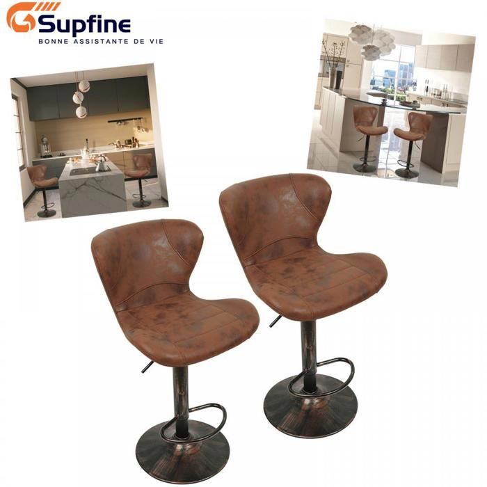 SUPFINE Tabouret de Bar Industriel Vintage Finition Simili (PU) Chaise de Bar Scandinave - Lot de 2 Chaises de Salle à Manger