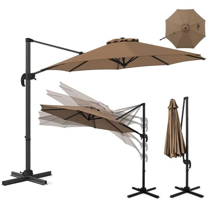 Parasol Déporté 3x3M GIANTEX-Anti-UV-Rotatif à 360°-5 Angles d’Inclinaison Réglables-avec Pied et Manivelle-Balcon Plage-Marron