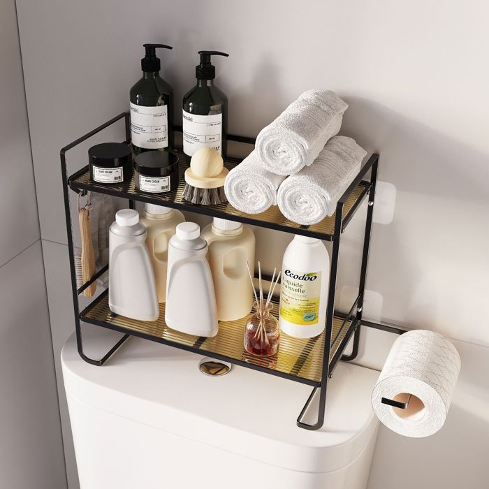Étagère de salle de bains en métal 2 Niveaux Pour WC Noir 45x36x16cm
