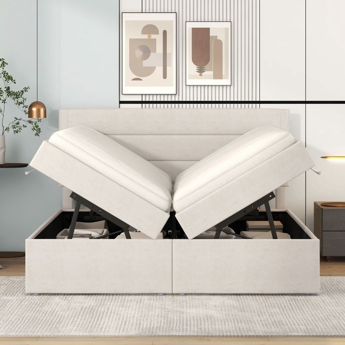 lit rembourré 200x140cm lit double avec sommier à lattes à armature métallique grand espace de rangement ouvert des deux côtés