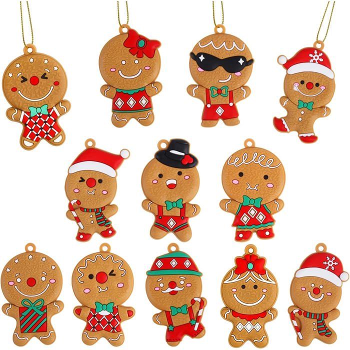 Lot De 12 Décorations De Noël En Pain D'épices - Figurines En Argile Avec Ficelle, Père Noël, Bonhomme De Neige, Pour Sapin Et Déco Festive