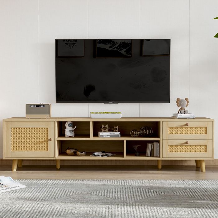 Meuble TV 160cm Rotin Naturel - 2 Tiroirs 1 Porte Rotin Compatible TV 70 Gestion Câbles
