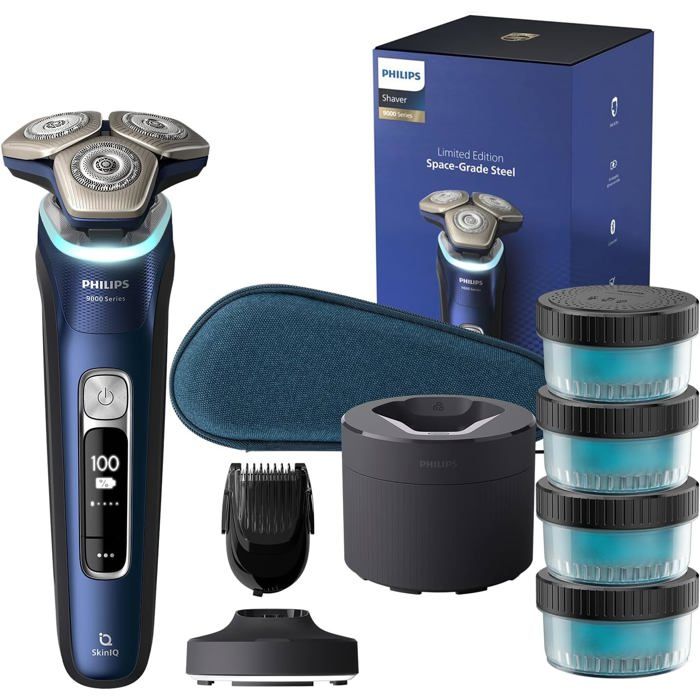 Philips Série 9000 Rasoir électrique pour hommes avec technologie SkinIQ Wet & Dry Lift & Cut rétractable Cleaning Pod tondeuse à barbe socle de charge coffret de voyage modèle S998074