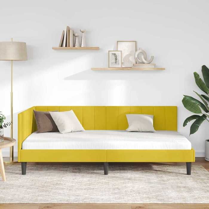 Structure de lit dangle en velours - UU - Jaune - 90x190 cm - Design en L - Contreplaqué et bois dingénierie