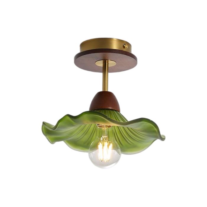 WOTTES 1 x Plafonnier Rétro avec Abat-jour en Verre Vert et Noyer Fleurs Design Lampe Vintage E27 Ø23CM Luminaire Couloir