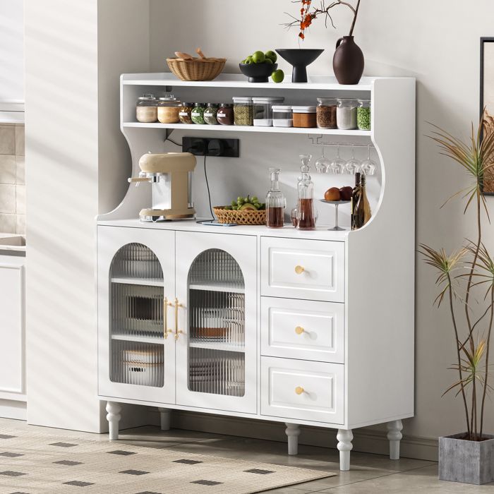 Buffet Haute avec Prises Tiroirs et Étagères Ajustables Meuble de Rangement de Cuisine et Salle à Manger Blanc 120 × 40 × 1385 cm