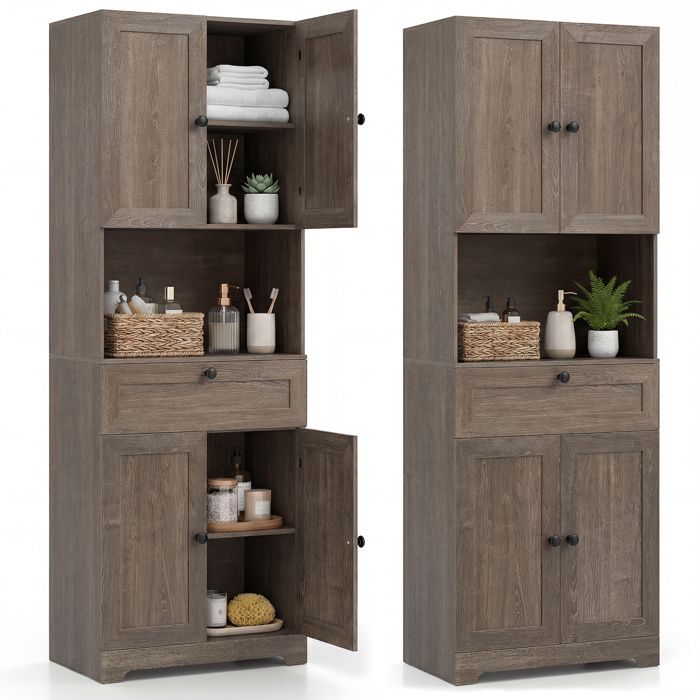 COSTWAY Armoire de Salle de Bains avec 4 Portes 1 Tiroir Compartiment Ouvert Étagère Réglable pour Salon Cuisine Gris