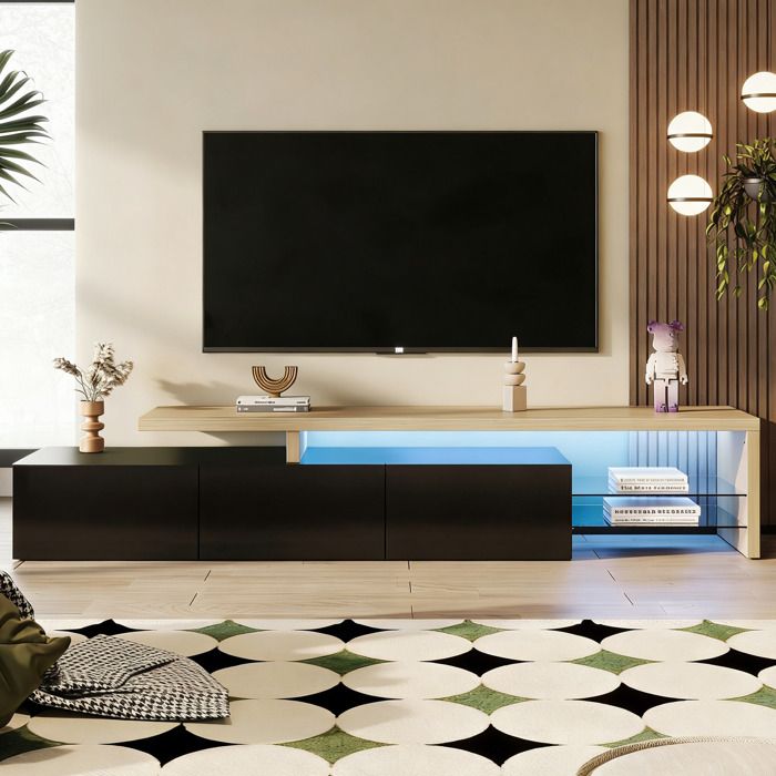 Meuble TV avec éclairage LED 7 Couleurs - Kilisky - Rangements Ouverts et Fermés - Étagères en Verre - Noir Brillant -200x39x42CM