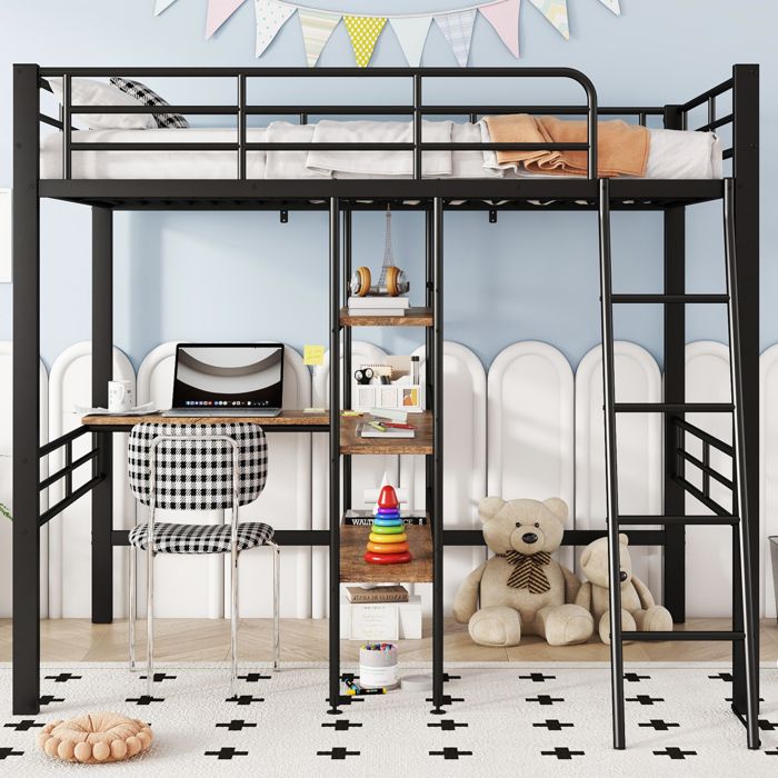 Lit surélevé enfant noir 90 × 200 cm avec bureau étagères et échelle
