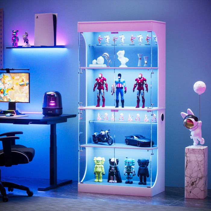 Vitrine en verre à quatre niveaux avec rangement Blanc éclairage LED portes en verre et capteurs intelligents 80x35x165cm pour salon