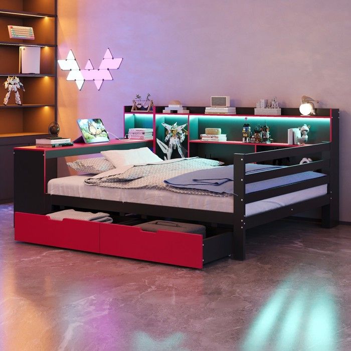 Lit bois multifonction noir rouge 140x200 cm avec bureau étagères rangement éclairage intégré prises tiroirs canapé lit
