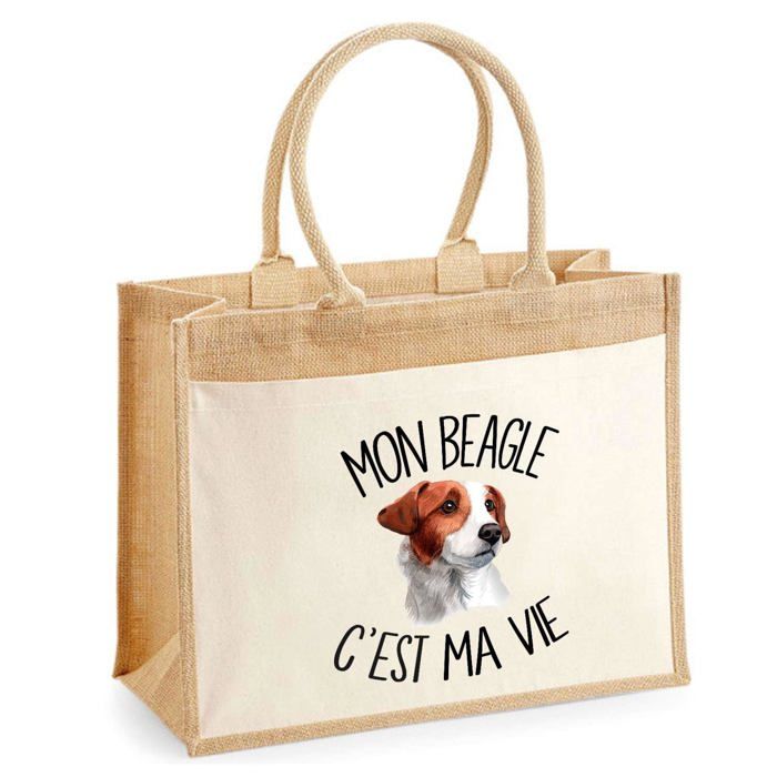 Sac de plage - PLANETEE - Jute avec poche Beagle Chien Cest la vie - Coton - 43x33 cm - Imprimé en France