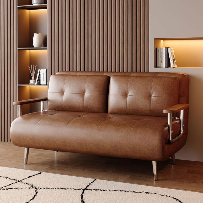 Canapé-lit cuir marron 150 cm Moderne matelas pliable pieds métalliques – Idéal pour salon chambre et petits espaces