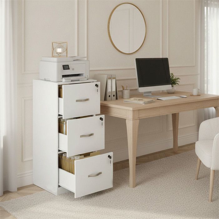 Meuble de bureau à roulettes avec 3 tiroirs - 2 compartiments ouverts - armoire de bureau - armoire à dossiers suspendus - Blanc