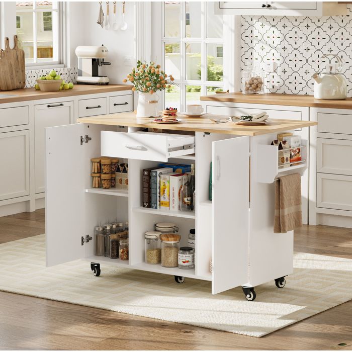 Desserte de cuisine120 cm à roulettes plateau rabattable tiroir et placards MDF blanc chêne