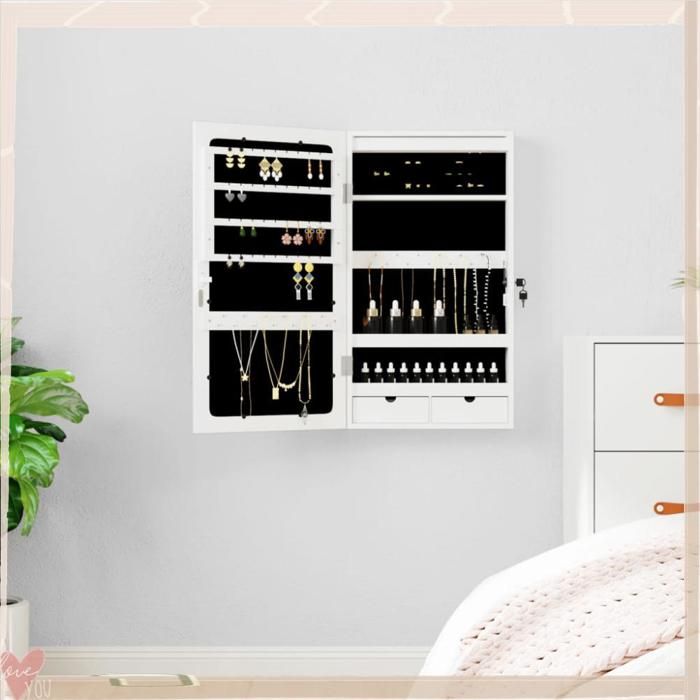 Armoire à bijoux avec miroir LED - VINGVO - 353229 - Blanc - Porte verrouillable 2 clés - Bois dingénierie