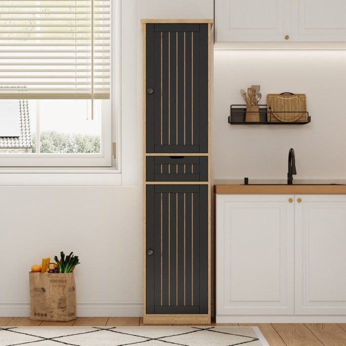 Buffet De Cuisine rangement 40x30x170cm 2 portes 1 tiroir étagères modulable salon salle à mangerNaturel Et Noir