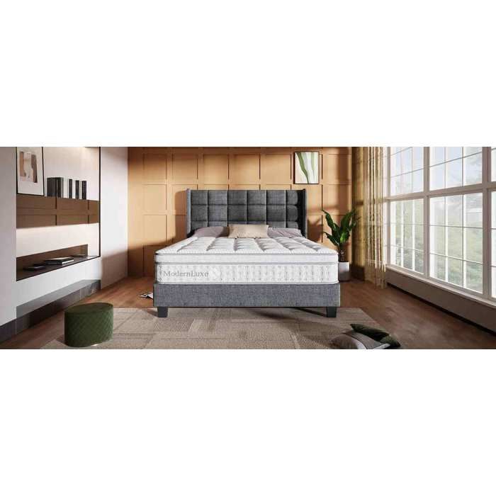 Lit tapissé gris 140 x 200 cm avec matelas sommier à lattes LED et USB coffre relevable