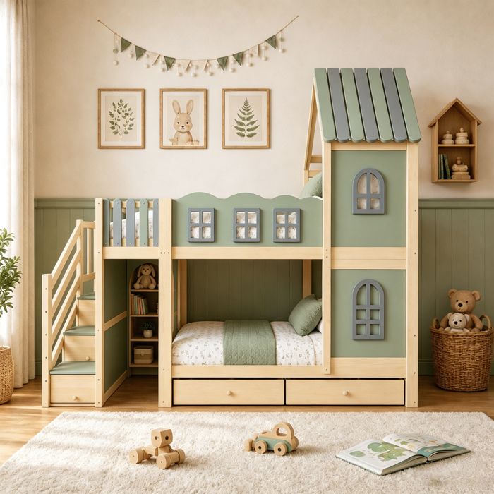 Lit superposé enfant 90 x 200 cm avec barreaux de lit nuage toit avec fenêtres échelle de rangement étagères et tiroirs - Vert