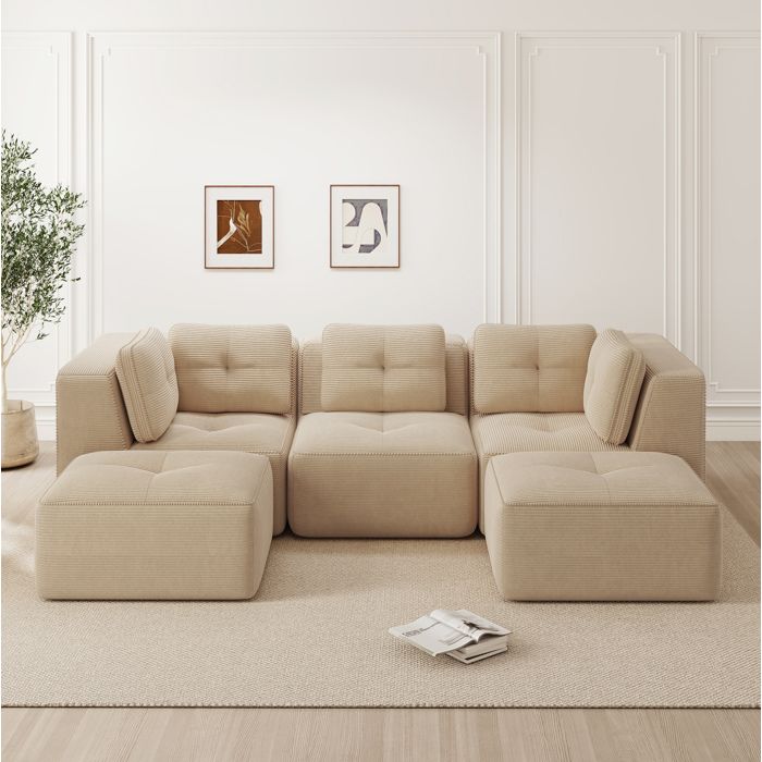 Canapé d’angle U modulable 3 places en corduroy beige profondeur d’assise 74 cm sans montage