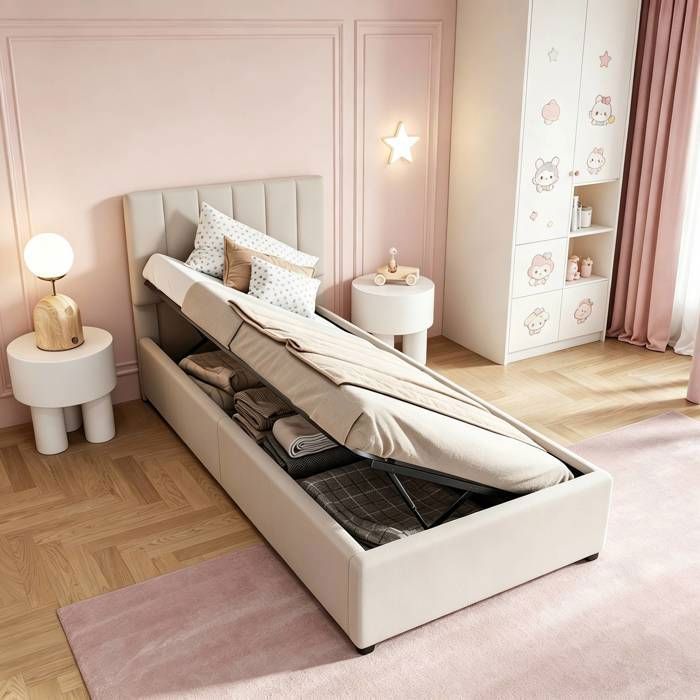 Lit Coffre Simple 90x200cm avec Rangement Lit Enfant 90x200 avec Tete de Lit Rembourrée Réglable 1 Place Lin Beige