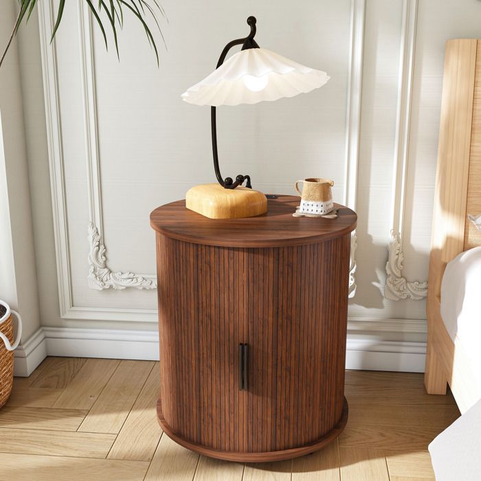 COVREO chevet cylindrique 60 x 60 x 60 cm avec station de charge porte coulissante MDF aspect noyer