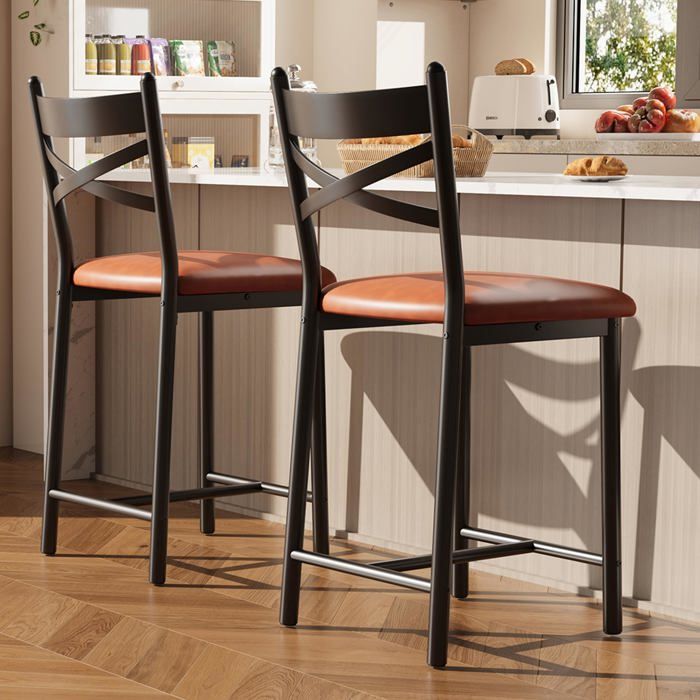 2 Chaises de bar style moderne industriel–Assise rembourrée imperméable repose-pieds–Pour cuisine îlot salle à manger café–brown