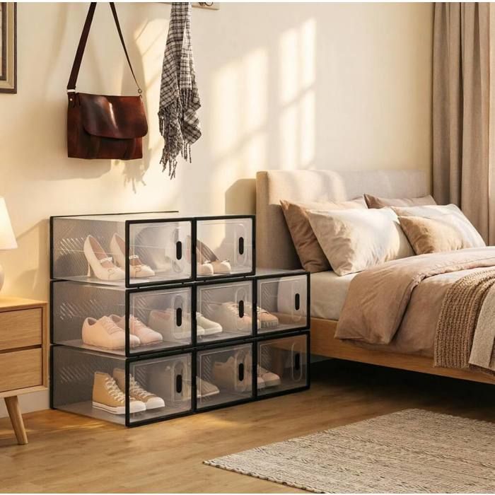 Meuble à chaussures avec 8 cases empilables et portes frontales - en plastique - 50×35 5×75 cm - noir transparent