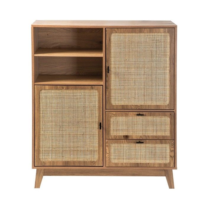 CALICOSY - Buffet haut 2 portes 2 tiroirs avec façades en rotin H120 cm - ALIA - Bois clair