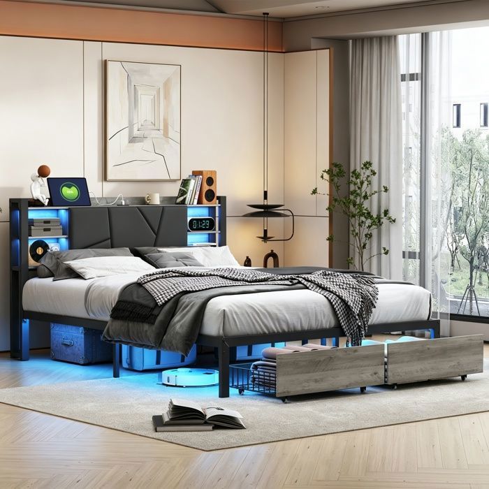 Lit 140x200 cm structure métal et bois dossier rembourré 2 tiroirs LED RGB USB tissu en PU noir sommier inclus