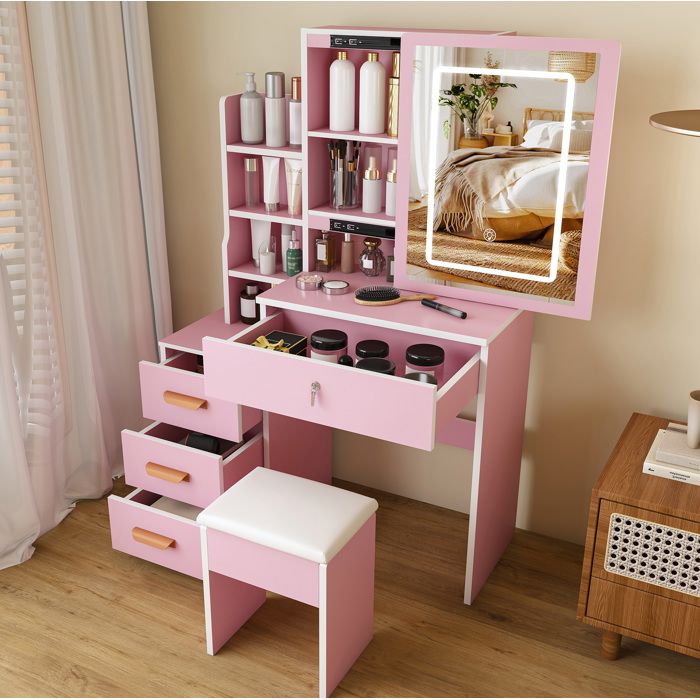 Coiffeuse avec miroir LED 4 tiroirs éclairage 3 modes et tabouret pour chambre MDF rose 85×36×130 cm - UVRION