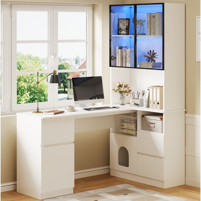 Bureau d’angle AESVAR 120 x 80 x 180 cm avec vitrine LED 3 tiroirs 2 portes MDF blanc