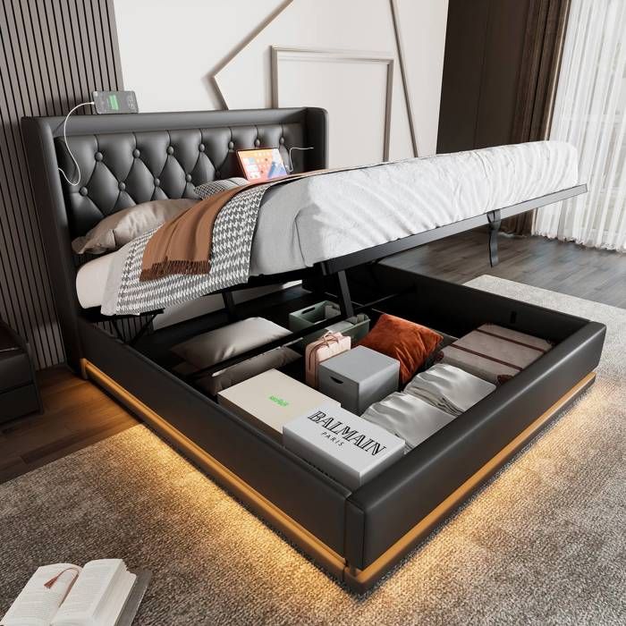 Lit coffre double 160 x 200 cm en similicuir noir avec tête de lit capitonnée led 3 côtés et port usb type-c (sans matelas)