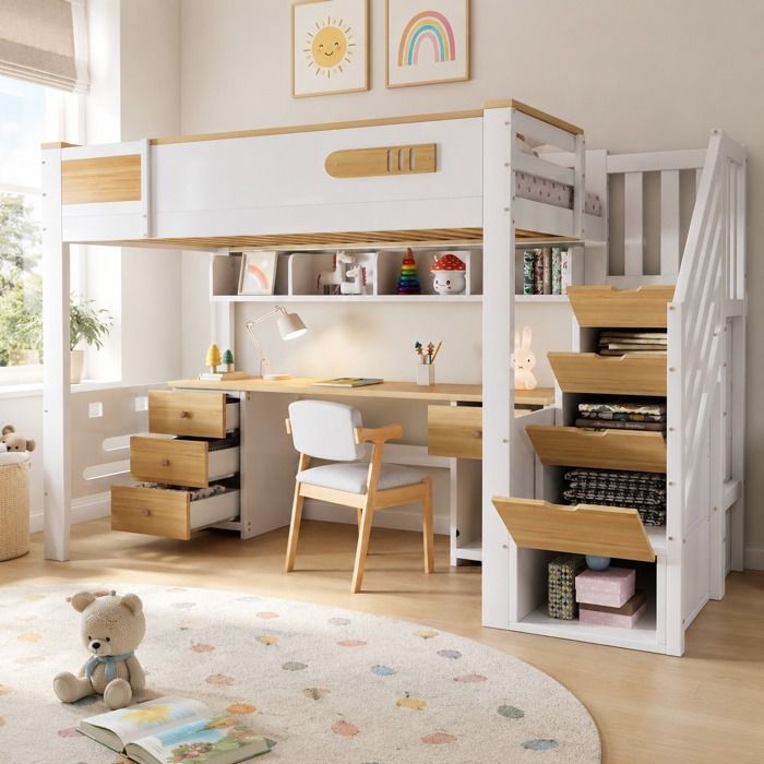 Lit mezzanine enfant 90x200 en pin massif grand bureau tiroirs étagères et escalier de rangement blanc bois naturel