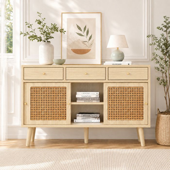 LEMONMAX Buffet Bas avec 3 Tiroirs 3 Portes Coulissantes Rotin Étagères Réglables en MDF Chêne 120 x 40 x 78 cm