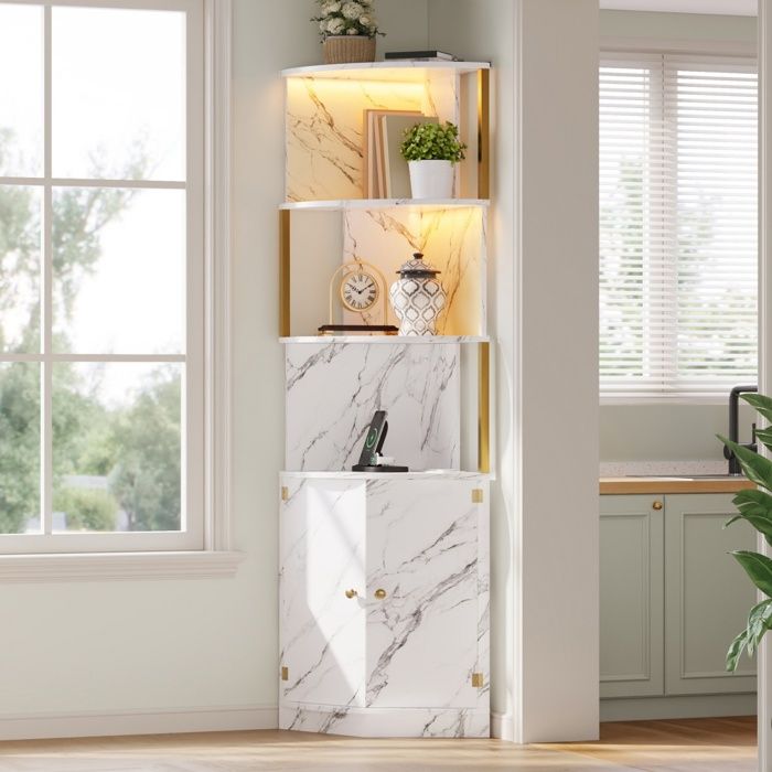 Luscriate - Vitrine Meuble dangle 38x38x180 cm LED prises 2 portes – blanc/marbre