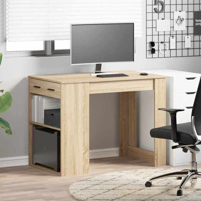 Table de cuisine - grand plateau - Bureau avec tiroir et étagère - chêne sonoma - - bois dingénierie - design élégant(12566)