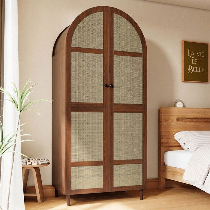 Armoire Penderie en Rotin et Noyer avec Tiroirs et Portes Courbées Rangement Chambre 80x50x179 cm Norevia
