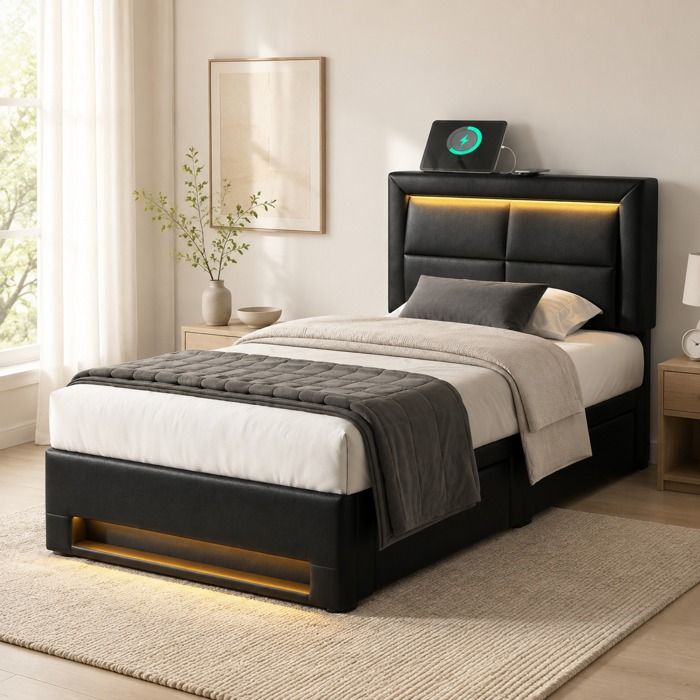 Lit capitonné 90x200 cm USB charge sans fil LED quatre tiroirs sans matelas PU noir sommier à lattes ORVRYN