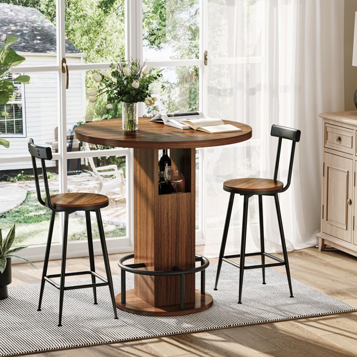 Ensemble bar 3 pièces table ronde 80x80x91 5 cm avec 2 tabourets repose-pieds métal rangement effet noyer
