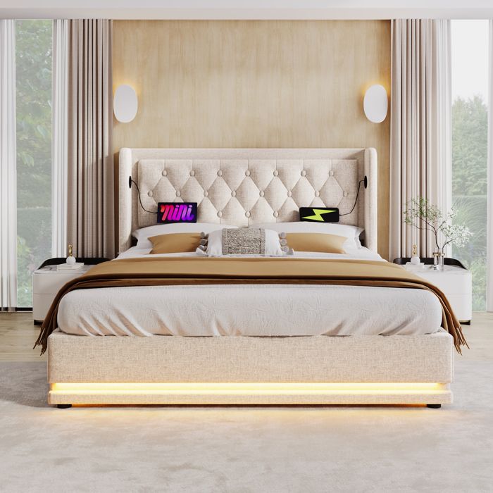 Lit capitonné 180x200 cm beige USB-C LED AB20149900B Lit capitonné 180x200 cm beige USB-C LED AB20149900B