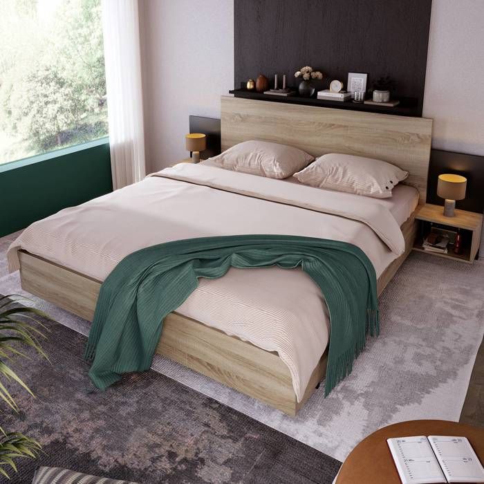 Lit double 160x200 cm avec 2 chevets assortis finition chêne sonoma et gris foncé ensemble chambre complet