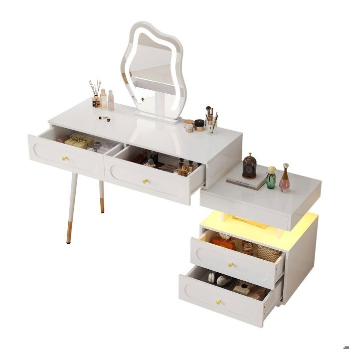 Coiffeuse sans tabouret miroir à LED 4 tiroirs compartiments de rangement ouverts 140 × 40 × 130 cm blanche