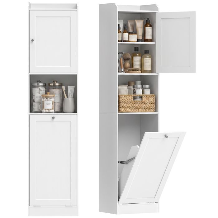 Colonne de salle de bain - Meuble à linge - Blanc - Dispositif antibasculement - Panneaux mélaminés - 40 x 30 x 170 cm - ZENLINKJH