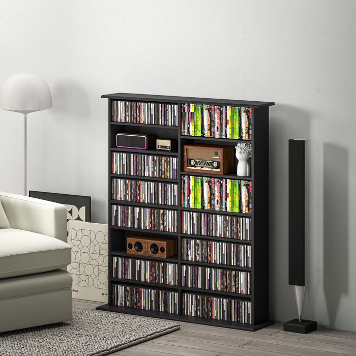 Meuble range CD et DVD 16 compartiments noir pour films et musique 720 CD ou 396 Blu-ray 12 niveaux ajustables 106 5 cm