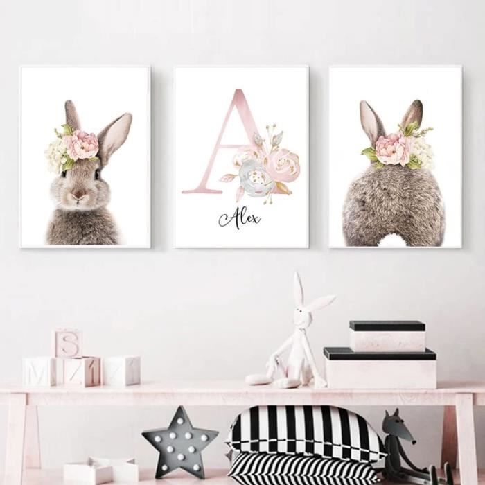 Affiche poster lapin fleur, aquarelle chambre bébé : par