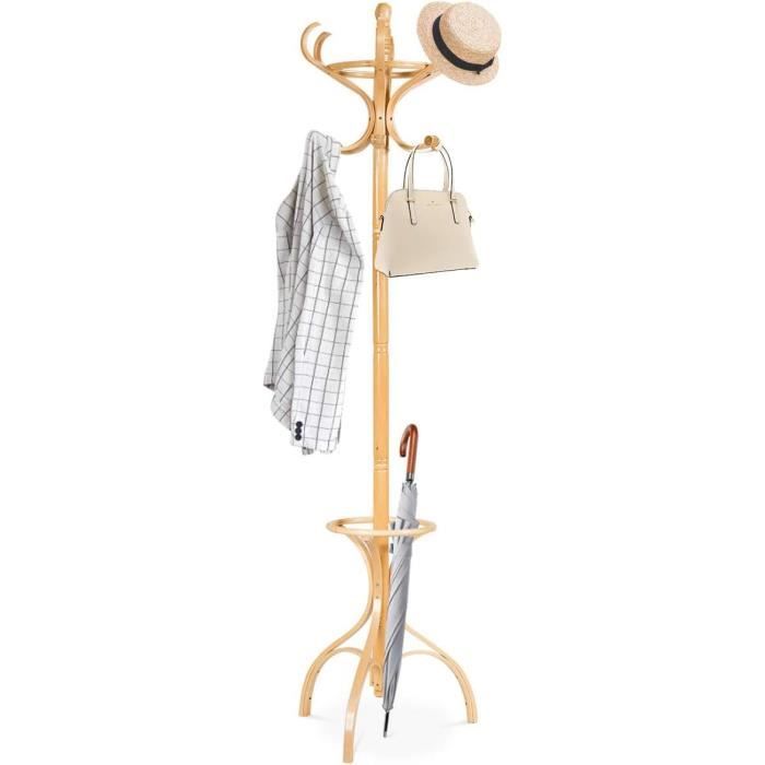 DREAMADE Porte-Manteau Sur Pieds Bois 12 Crochets + Porte-Parapluie – Charge 10 Kg, Entrée Salon Chambre (Noir)