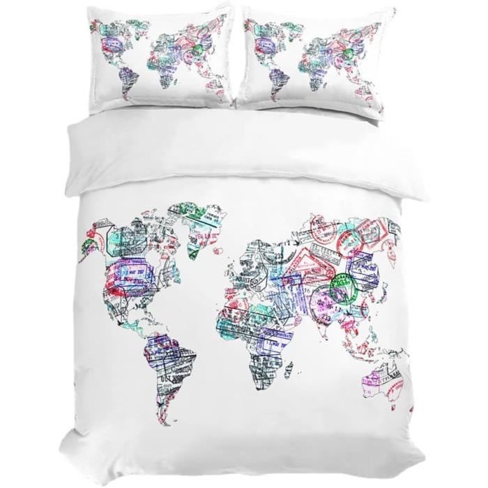 Housse De Couette 160x200 Cm Motif Carte Du Monde + 2 Taies 65x65 Cm - Microfibre Polyester - Ensemble Literie 2 Personnes